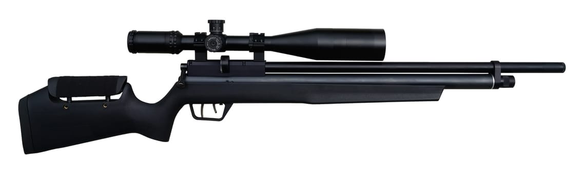 Black precision airgun with scope isolated on white.