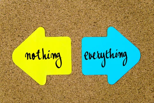 Message Nothing versus Everything on yellow and blue paper notes as opposite arrows pinned on cork board with thumbtacks. Choice conceptual image