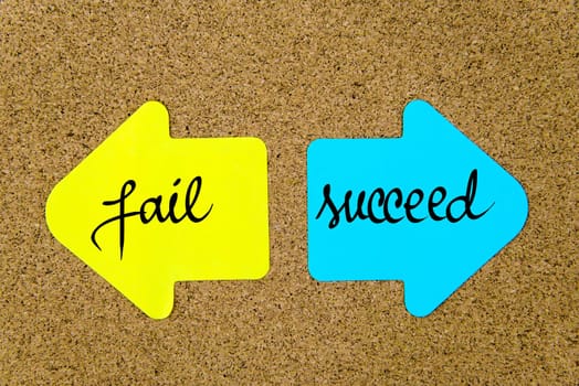 Message Fail versus Succeed on yellow and blue paper notes as opposite arrows pinned on cork board with thumbtacks. Choice conceptual image