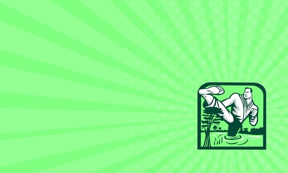 Business card showing illustration of a marital arts fighter kicking cypress tree on swamp or bayou set inside shield shape done in retro style.