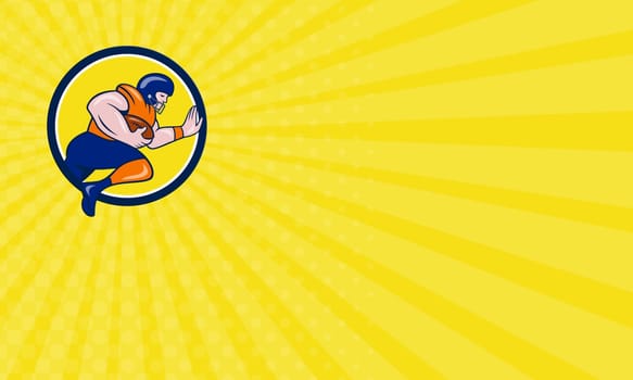 Business card showing illustration of an american football gridiron player running back charging with ball viewed from the side set inside circle on isolated background done in cartoon style.