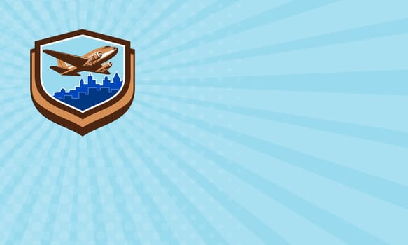 Business card showing illustration of a vintage passenger DC10 airplane take off with cityscape buildings in background set inside crest shield done in retro style.