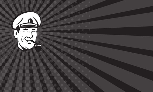 Business card showing illustration of a sea captain, shipmaster, skipper, mariner wearing hat cap smoking smoke pipe smiling done in black and white on isolated background.