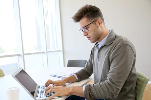 Businessman using laptop in contemporary working room