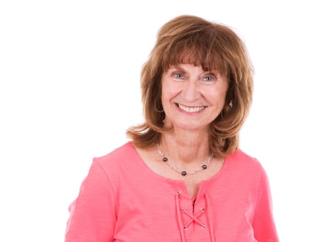 older caucasian woman wearing casual outfit on white isolated background