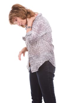 hurting older caucasian woman wearing casual outfit on white isolated background