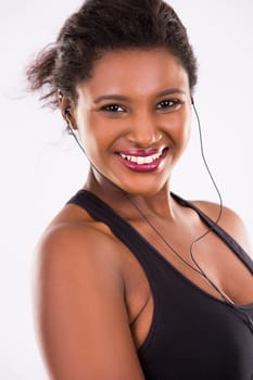 young black woman wearing fitness outfit on white isolated background