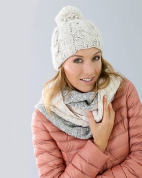 Woman model with winter outfit, isolated