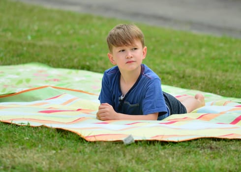Boy lies with blanket on meadow
