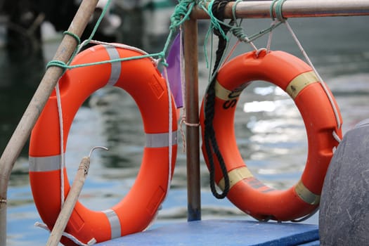 Martigues, France - June 21, 2016: Two Red Life Ring, on a Boat. Martigues Harbor in Provence.