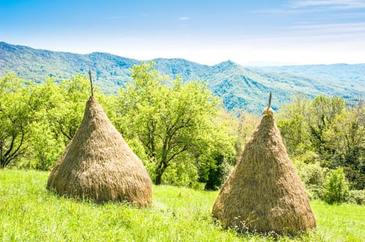 Traditional haystack of mountain villages in Italian Alps.