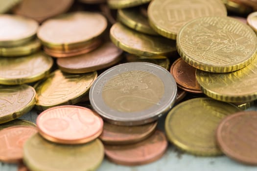 Different euro coins in a heap with euro and cent international currency