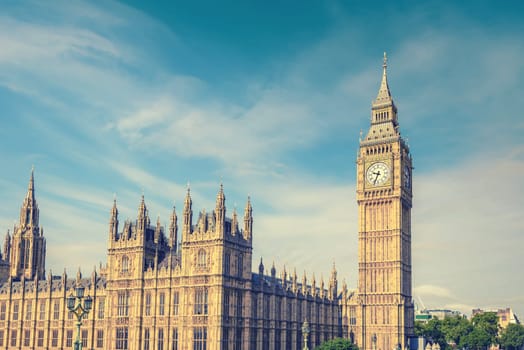 Big Ben Clock Tower and House of Parliament, London, England, UK, vintage style effect