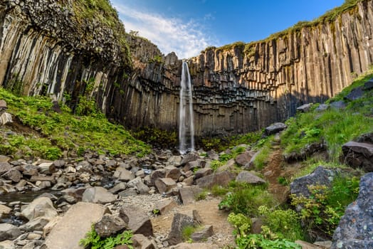 view of beautiful basalt columns waterfall Svartifoss or blackfall in Skaftafell national park, Iceland