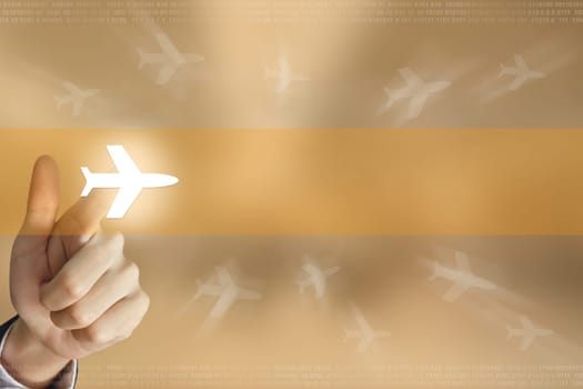 business hand pushing flight trip button, business concept