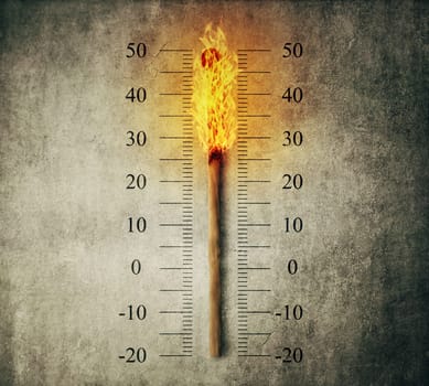 Burned match stick indicating temperature on a scale as a thermometer. Global warming and temperature rising concept