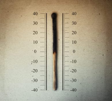 Burned match indicating temperature on a scale as a thermometer. Global warming and temperature rising concept