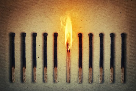 Burning match standing middle a row of extinguished, burnt matches. Leadership concept