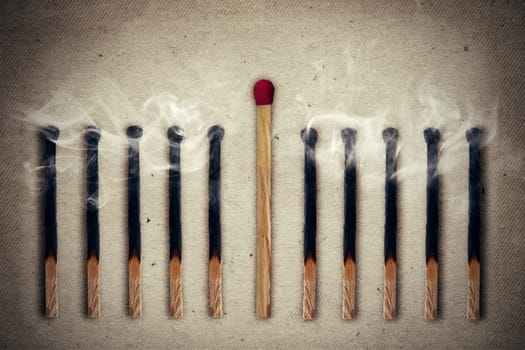 Whole, unused match standing middle a row of extinguished, burnt matches. Standing out from the crowd, leadership concept