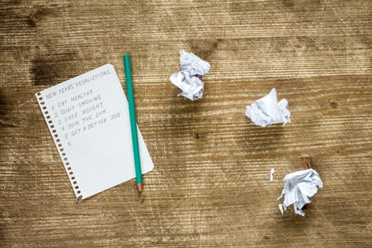 List of resolutions for new year on scratched wooden background