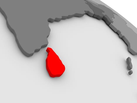 Sri Lanka highlighted in red on model of globe. 3D illustration