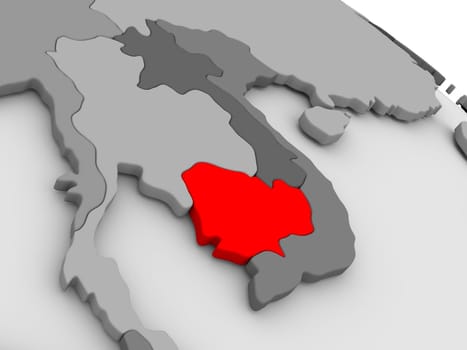 Cambodia highlighted in red on model of globe. 3D illustration