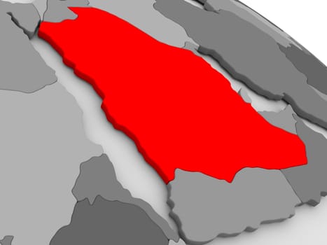 Saudi Arabia highlighted in red on model of globe. 3D illustration