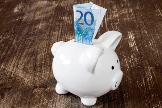 Detail of a piggy bank and twenty euro banknote