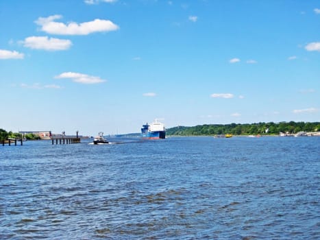 Hamburg, Germany - May 24, 2008: View over river Elbe with container ship