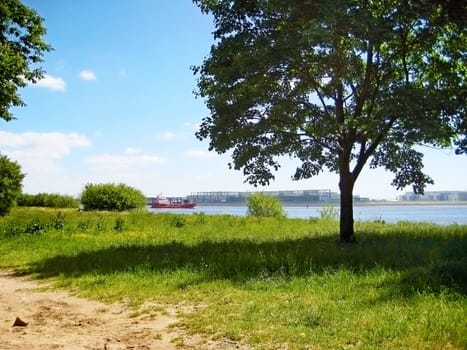Hamburg, Germany - May 24, 2008: Riverside of Elbe, view towards Airbus company, meadow with tree in front.
