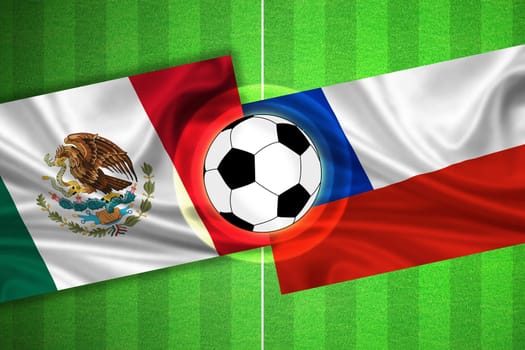 green Soccer / Football field with stripes and flags of mexico - chile, and ball.