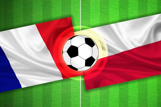 green Soccer / Football field with stripes and flags of france - poland, and ball.