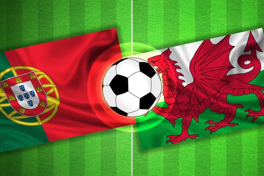 green Soccer / Football field with stripes and flags of portugal - wales, and ball.