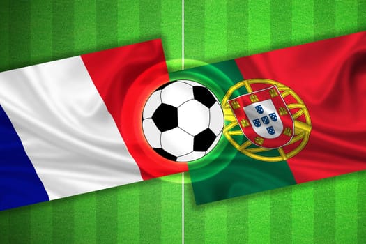 green Soccer / Football field with stripes and flags of france - portugal, and ball.