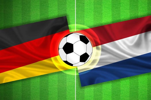 green Soccer / Football field with stripes and flags of germany - netherlands, and ball.