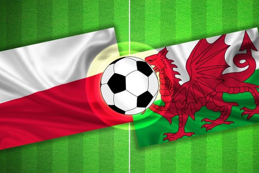 green Soccer / Football field with stripes and flags of poland - wales, and ball.