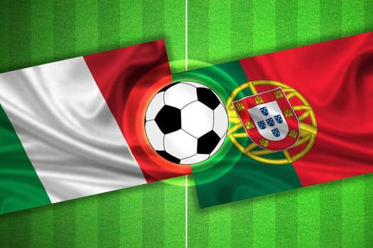green Soccer / Football field with stripes and flags of italy - portugal, and ball.
