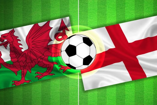 green Soccer / Football field with stripes and flags of wales - england, and ball.