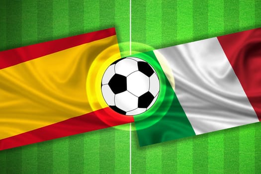 green Soccer / Football field with stripes and flags of spain - italy, and ball.