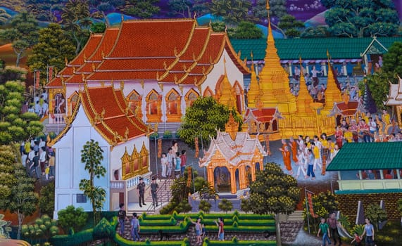 Native Thai painting of Buddhist festival on temple wall in Lamphun, Thailand