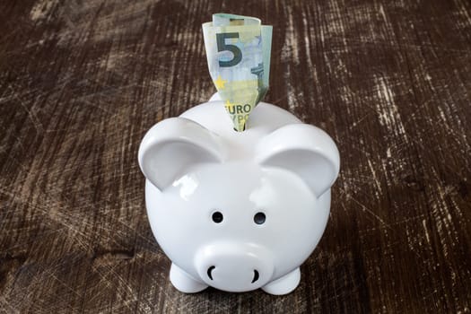 Detail of a piggy bank and five euro banknote
