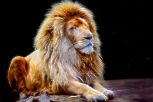 Fractal rendered portrait of an old male lion sitting on a rock