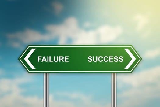 failure and success on green road sign with blurred blue sky, dark and bright side concept