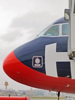Hamburg, Germany - May 26, 2008: Tip / Nose of an airplane in parking position at airport