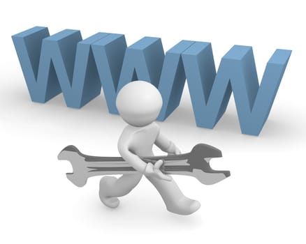 Service tool for internet, small man with a wrench, 3d rendering