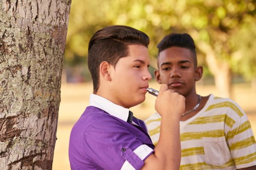 Youth culture, young people, group of male friends, multi-ethnic teens outdoors, multiracial boys together in park. Kids smoking electronic cigarette, e-cig smokers. Health problems, social issues