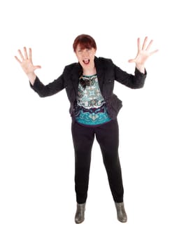 A business woman standing isolated for white background with her hands.up and screaming for help..