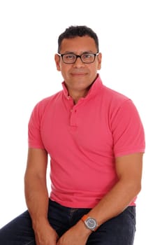 A closeup portrait image of a middle age Hispanic male sitting isolated.for white background..