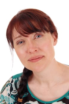 A closeup portrait of a middle age Caucasian woman isolated for.white background..