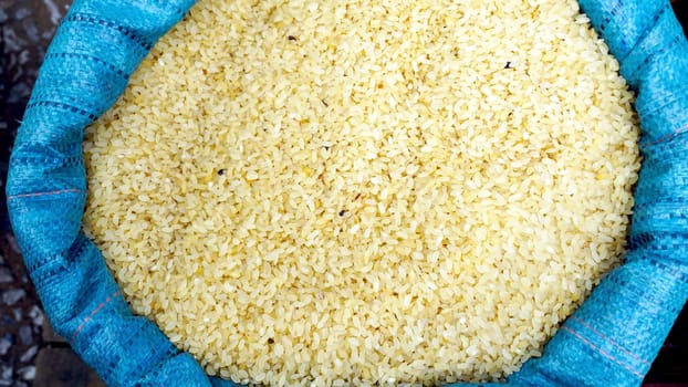Close up Rice in blue sack at fresh local market  in Luang Prabang, Laos